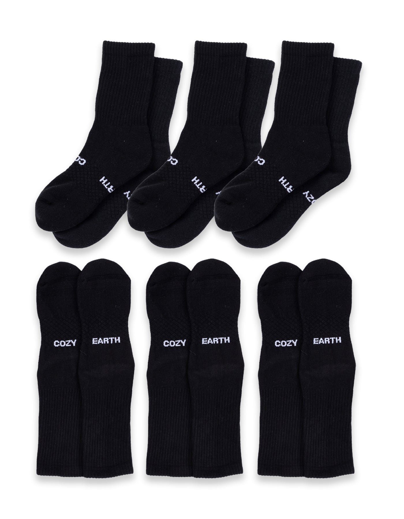 Six pairs of black Essential Calf Socks from Cozy Earth are arranged in two rows. Each sock features white text near the toes reading "COZY EARTH. |Color:Black