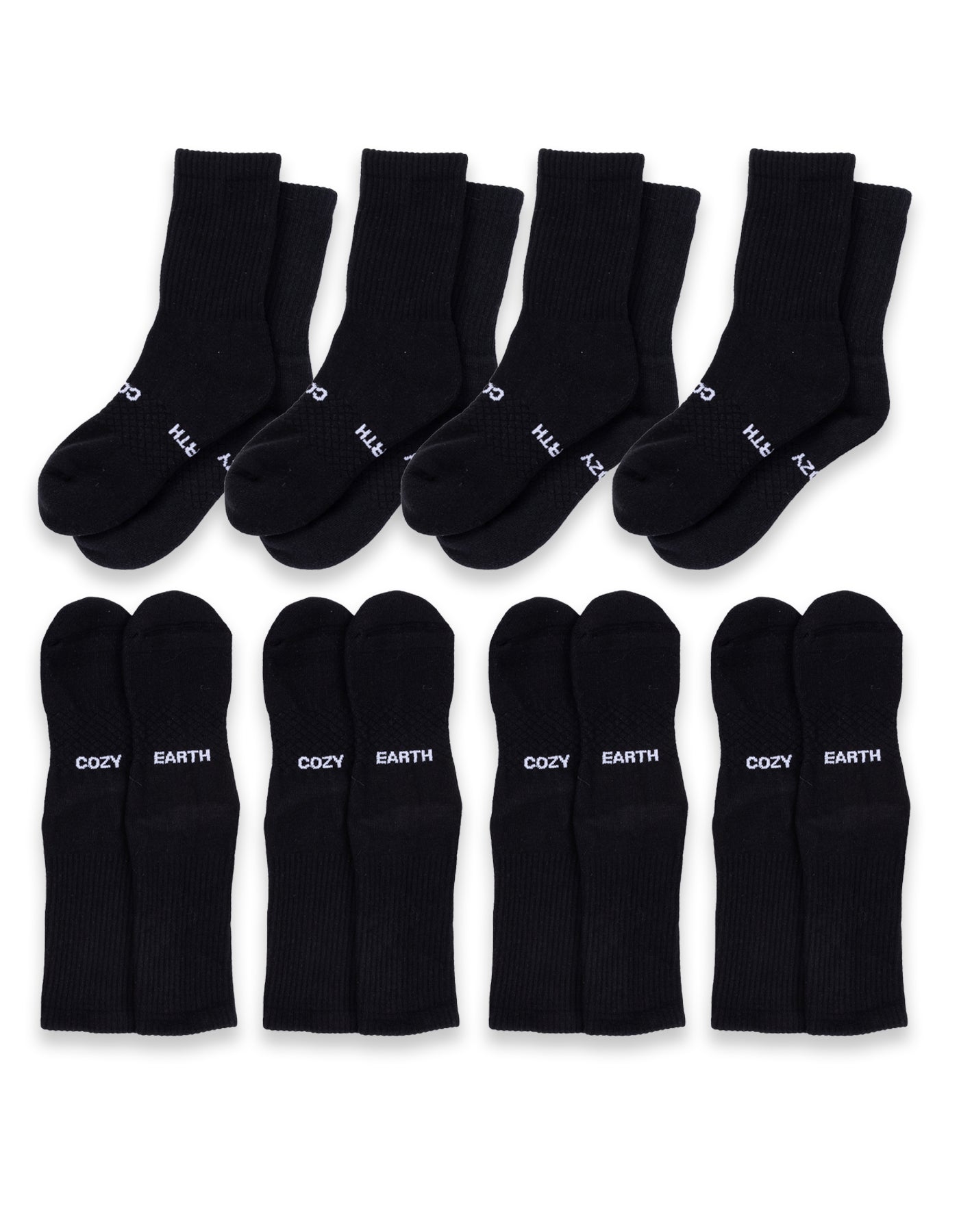 Eight pairs of black Essential Calf Socks by Cozy Earth are shown in two rows; the top row features thin white text on the toes, while the bottom row displays "COZY EARTH" in white across each sock. 