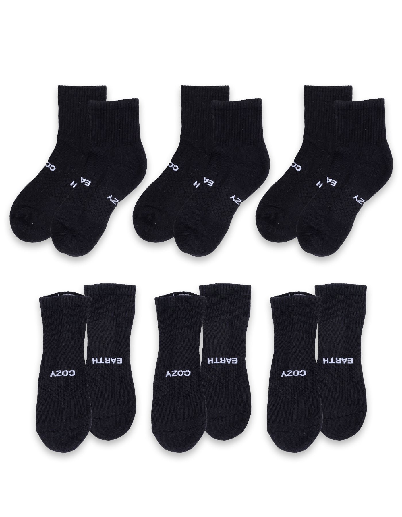 Six pairs of Essential Quarter Socks by Cozy Earth are arranged in two rows, with the sock bottoms featuring "COZY" and "EARTH" in white text. |Color:Black