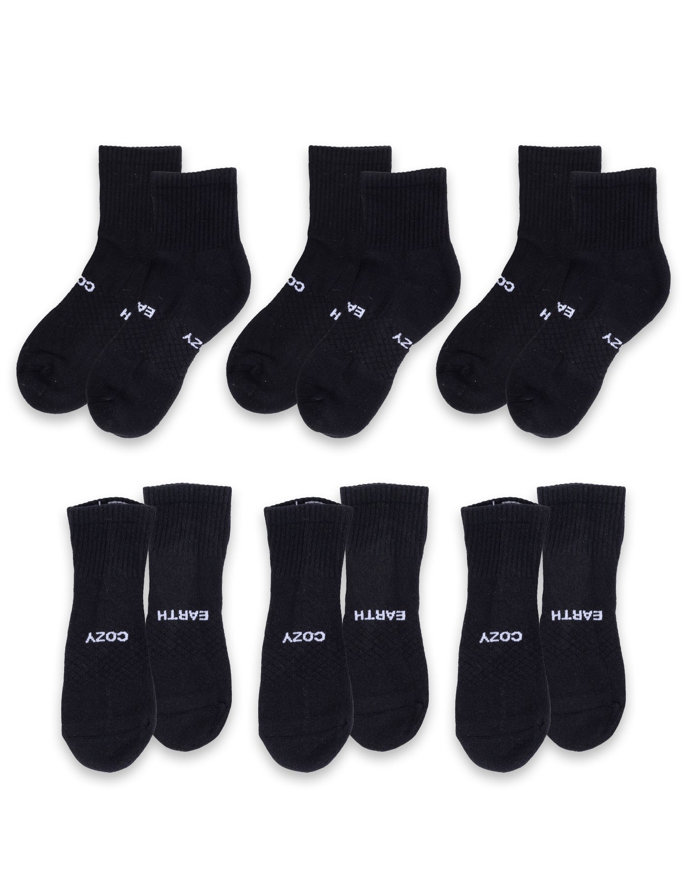 Six pairs of Essential Quarter Socks by Cozy Earth are arranged in two rows, with the sock bottoms featuring "COZY" and "EARTH" in white text. 