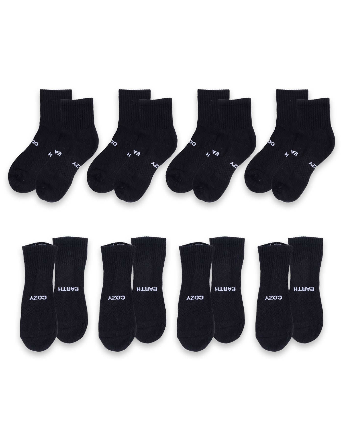 Eight pairs of black Essential Quarter Socks by Cozy Earth are arranged on a white background, each with "COZY" printed in white on the toes. 