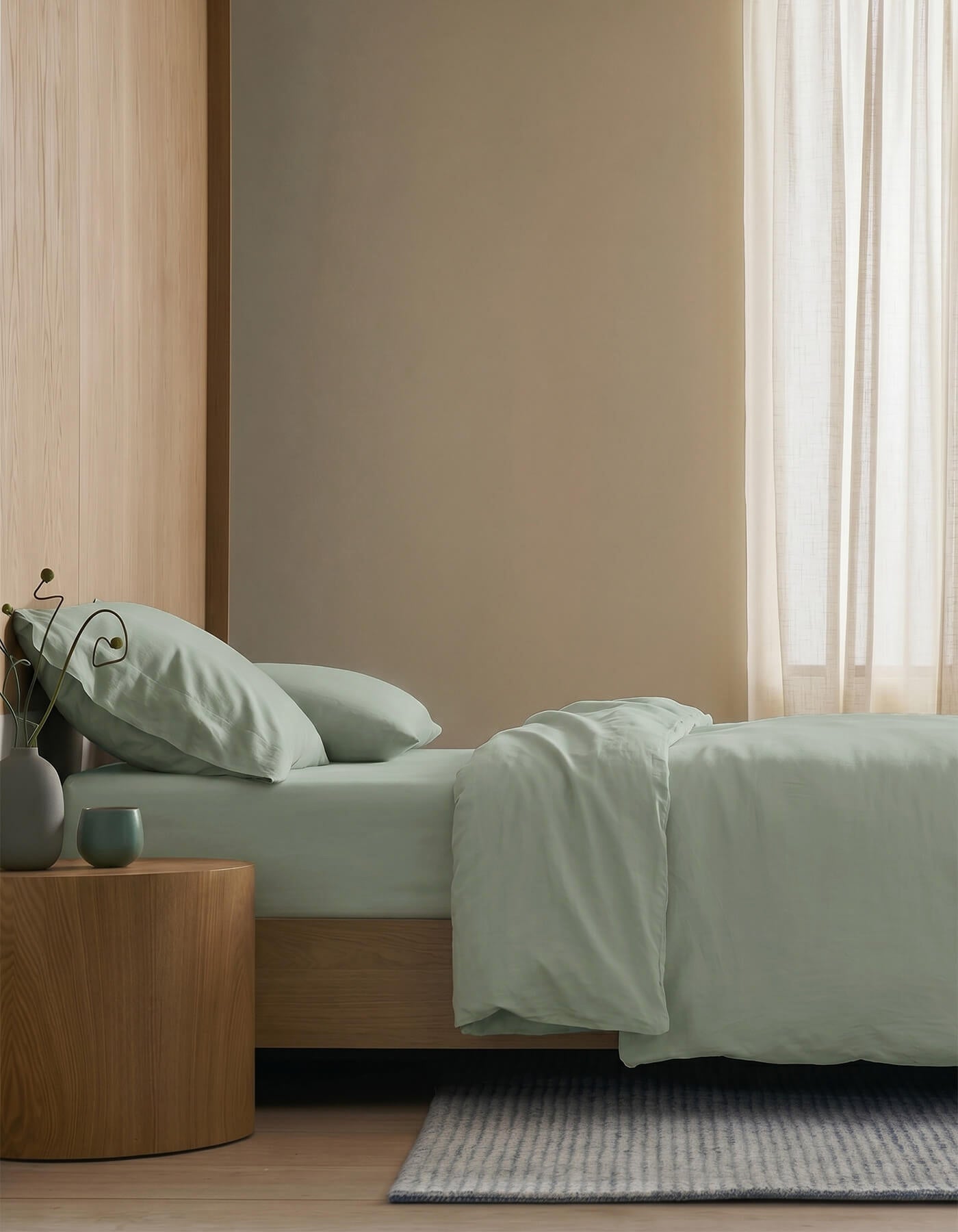 Minimalist bedroom featuring a neatly made bed with Cozy Earth’s Soft-Wash Cotton Duvet Cover in light green, a wooden nightstand with a vase and mug, neutral walls, sheer curtains, and a striped rug on the floor.
