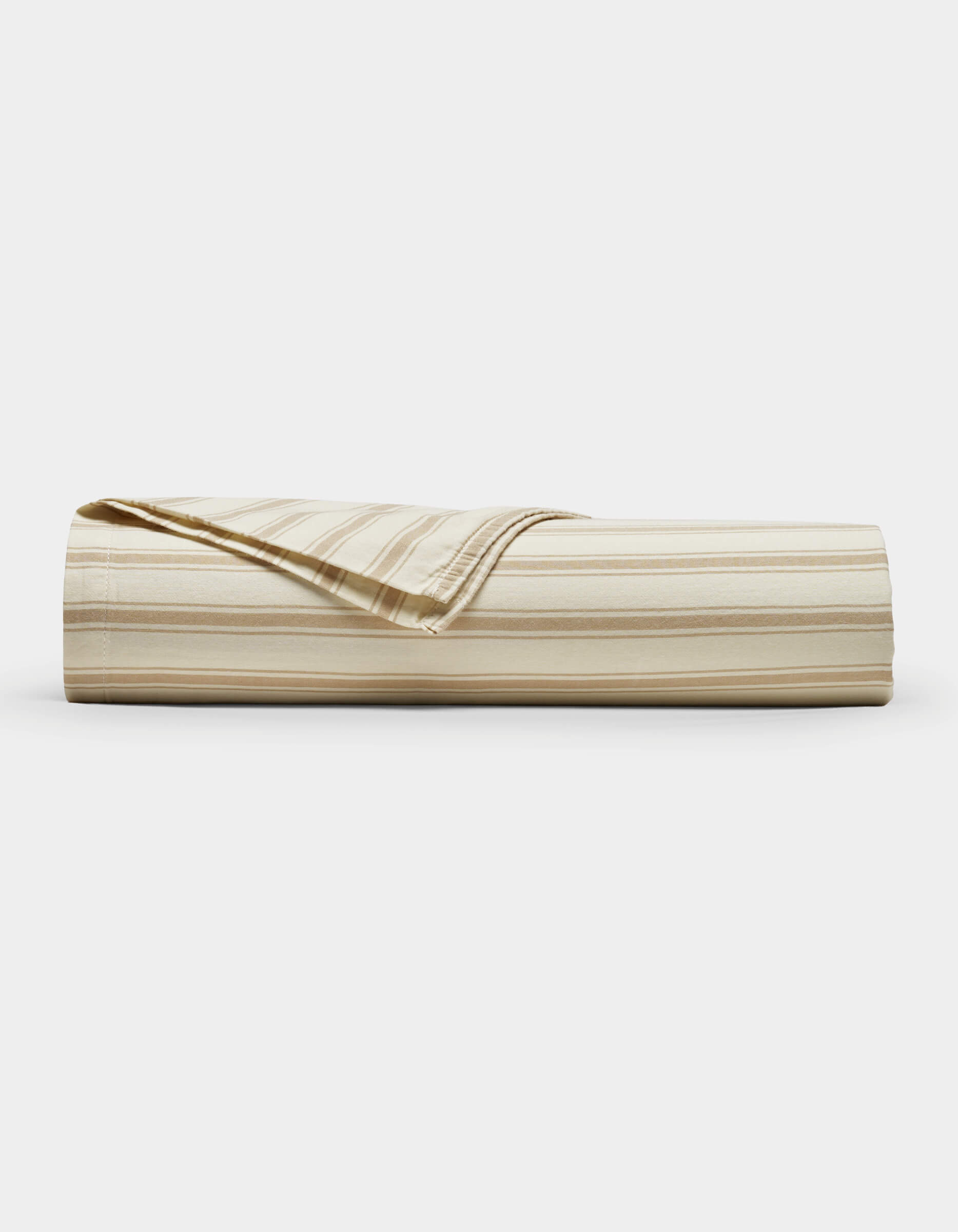 The Cozy Earth Soft-Wash Cotton Flat Sheet, shown neatly folded with a corner turned down to reveal the reverse side, features beige and cream stripes and is displayed against a plain white background.