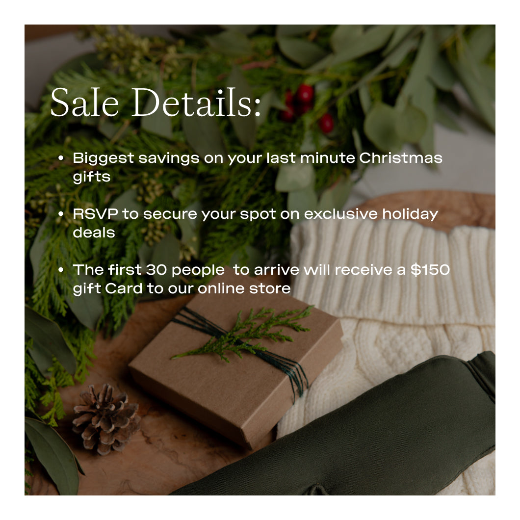 Promotional text for holiday gift sale with a wrapped gift and greenery.
