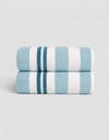 The Cozy Earth Classic Stripe Resort Towel Bundle in Wave Stripe features two neatly folded towels, stacked together, with bold blue and white stripes against a simple light background.|Color:Wave Stripe