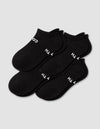 The Cozy Earth Men's Essential Ankle Sock 4-Pack in black features textured socks with partial white text on the soles, neatly stacked on a light gray background.|Color:Black