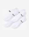The Cozy Earth Men's Essential Ankle Sock 4-Pack features white socks with a textured top and subtle black branding on the cuffs, neatly stacked against a plain white background.|Color:White