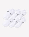 Six pairs from the Cozy Earth Men's Essential Ankle Sock 6-Pack are neatly arranged in two rows on a plain light background, each featuring black text near the cuff.|Color:White