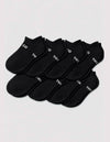 Eight pairs of Cozy Earth Men's Essential Ankle Socks in black are neatly arranged on a light gray background, each featuring small white text near the cuff.|Color:Black