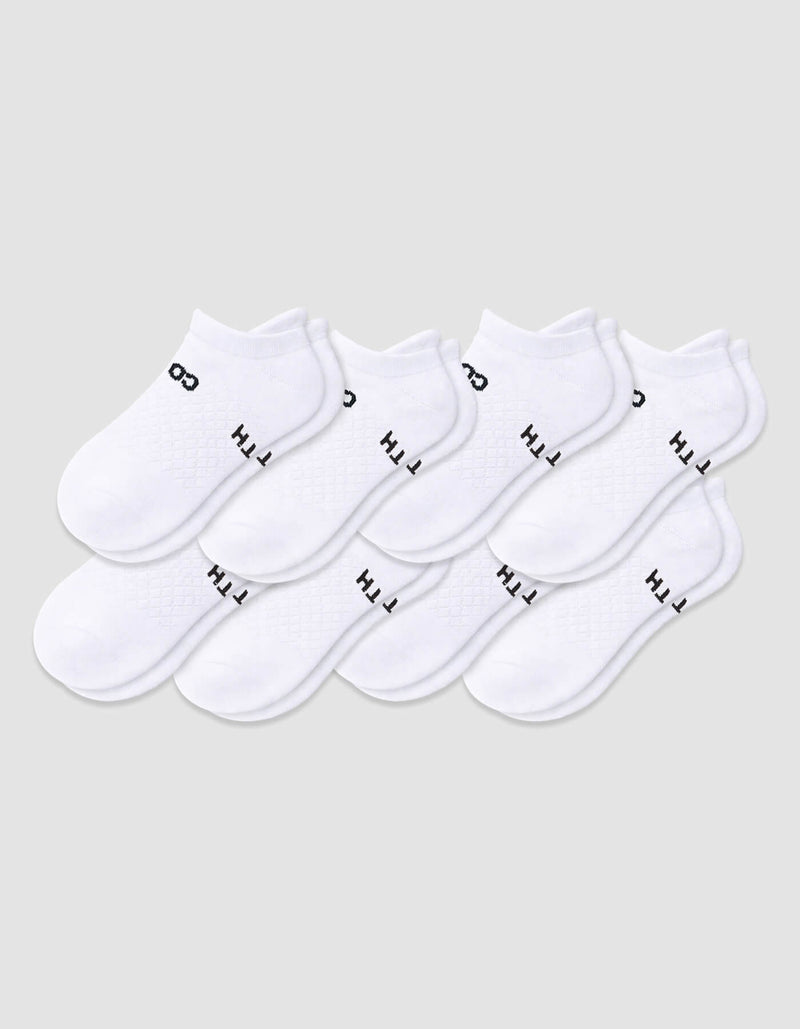 The Men's Essential Ankle Sock 8-Pack by Cozy Earth features white ankle socks displayed on a light gray background, each with black text on the sides.