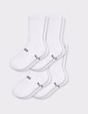 Cozy Earth Men's Essential Calf Sock 4-Pack in white, featuring black text near the toes, displayed on a light gray background.