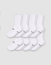 Eight pairs from the Cozy Earth Men's Essential Calf Sock 8-Pack are displayed in two neat overlapping rows on a light gray background, each featuring small black text and symbols near the toes.|Color:White