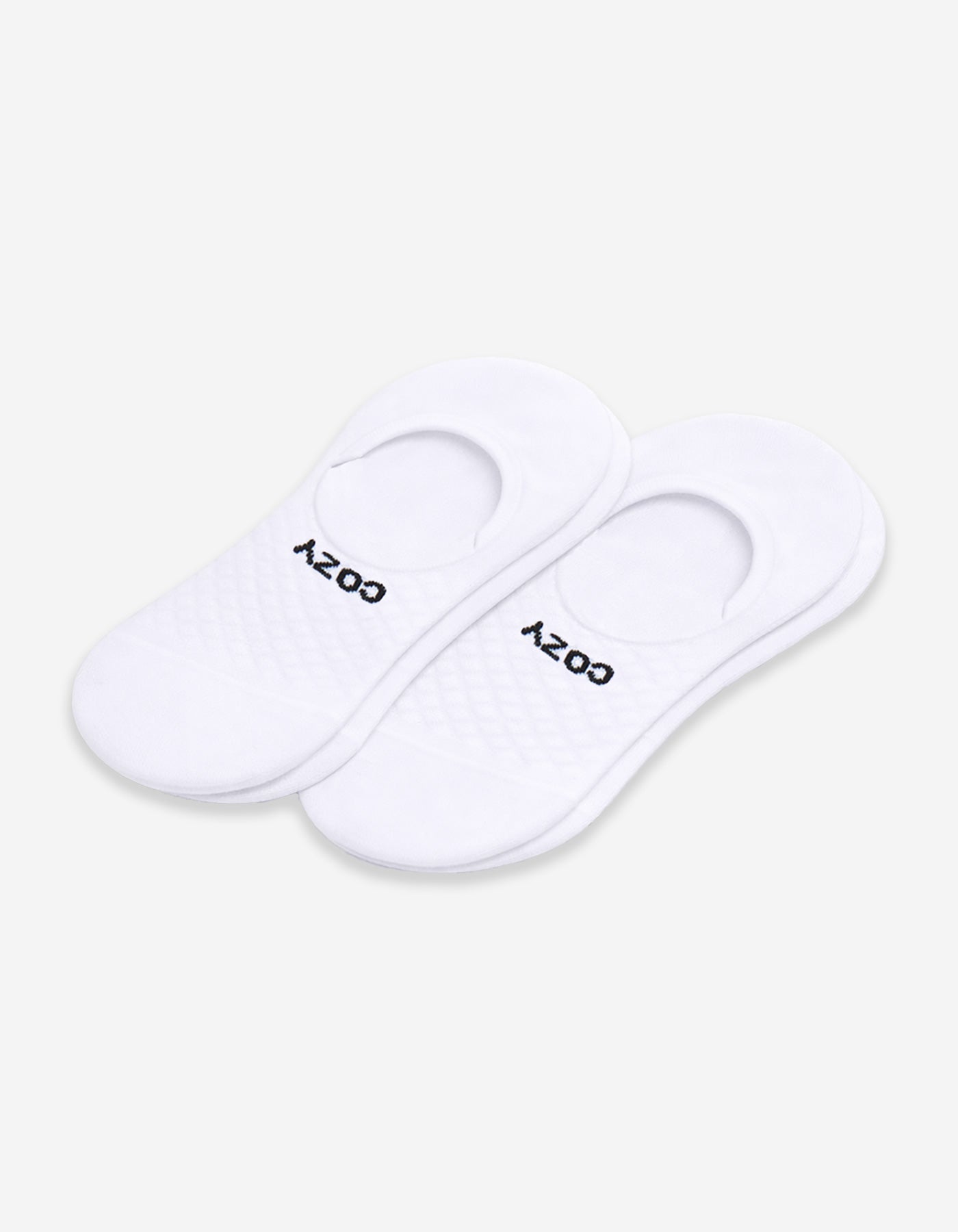 Women's Essential No-Show Sock by Cozy Earth: white socks with a quilted pattern and "COZY" in black near the opening, shown on a plain white background.