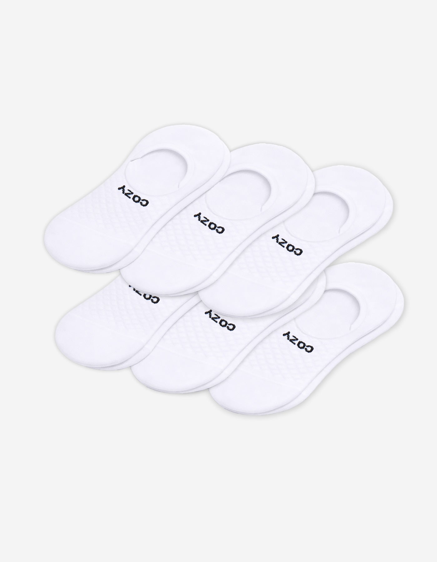 Six pairs of Cozy Earth Men's Essential No-Show Socks are stacked on a plain white background, each featuring "COZY" printed in black near the heel opening.