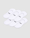 Six pairs of Cozy Earth Men's Essential No-Show Socks are stacked on a plain white background, each featuring "COZY" printed in black near the heel opening.|Color:White