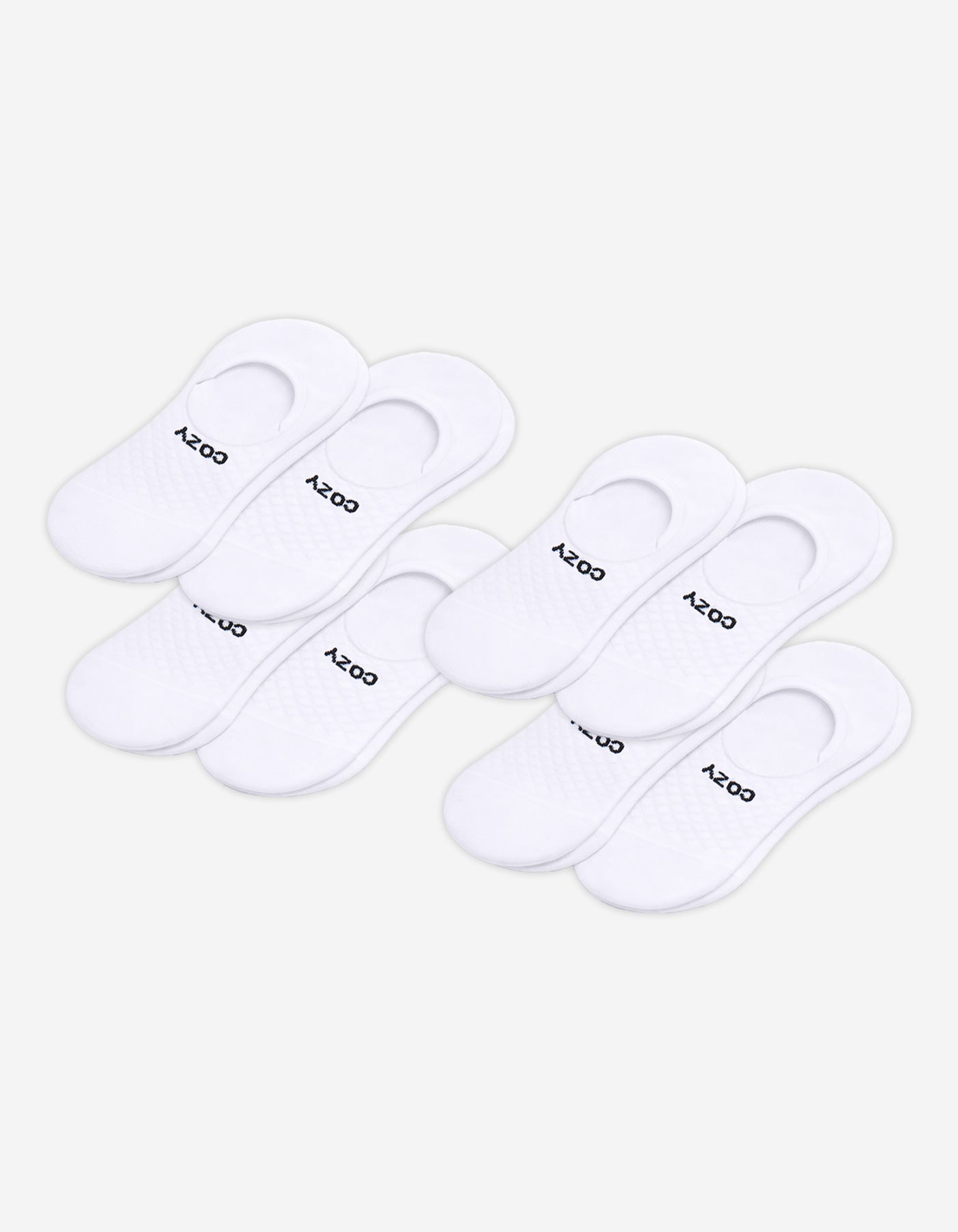 Eight pairs of Cozy Earth Men's Essential No-Show Socks are displayed in two rows on a plain background, featuring a low-cut design with the brand name near the heel.