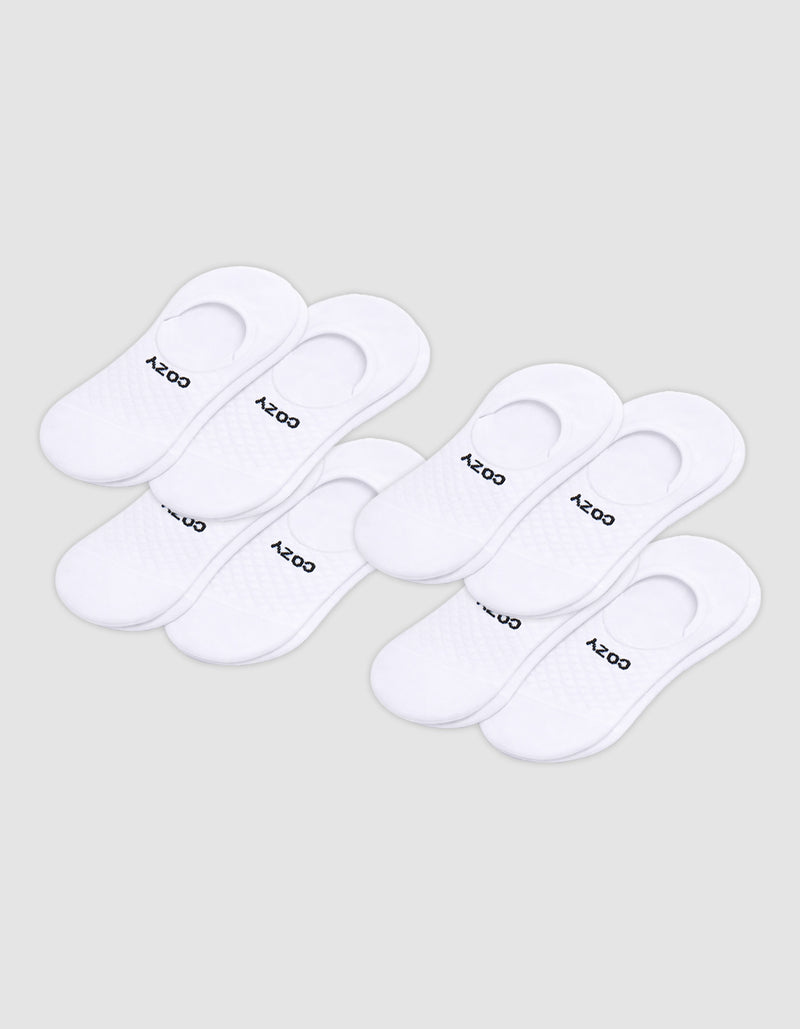 Eight pairs of Cozy Earth Men's Essential No-Show Socks are displayed in two rows on a plain background, featuring a low-cut design with the brand name near the heel.