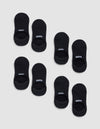 Eight pairs of black Essential No-Show Socks from Cozy Earth on a light gray background—four pairs read "COZY" and four read "EARTH" in white lettering on top. |Color:Black