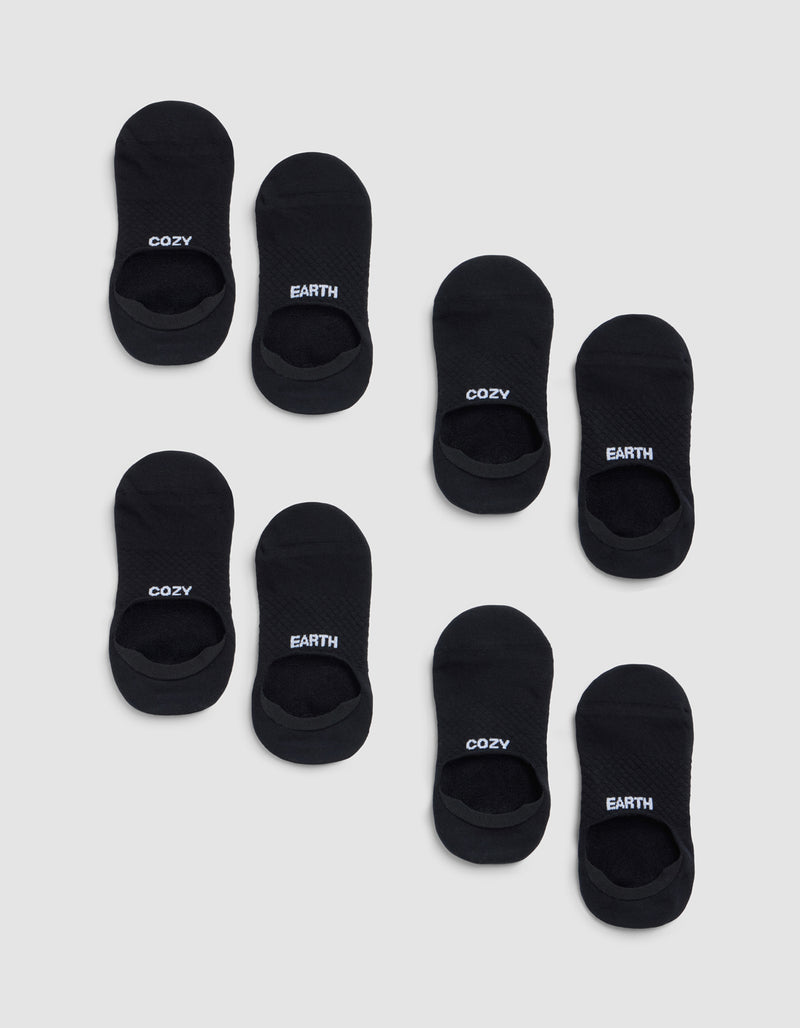 Eight pairs of black Essential No-Show Socks from Cozy Earth on a light gray background—four pairs read "COZY" and four read "EARTH" in white lettering on top.