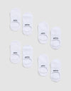 Eight pairs of white socks from the Cozy Earth Essential No-Show Sock 4-Pack are arranged on a light grey background, each sock featuring "COZY" or "EARTH" in black text at the toes.|Color:White