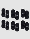 Six pairs of black Essential No-Show Socks by Cozy Earth are arranged in four rows on a light gray background, each labeled "COZY" or "EARTH" near the opening. |Color:Black