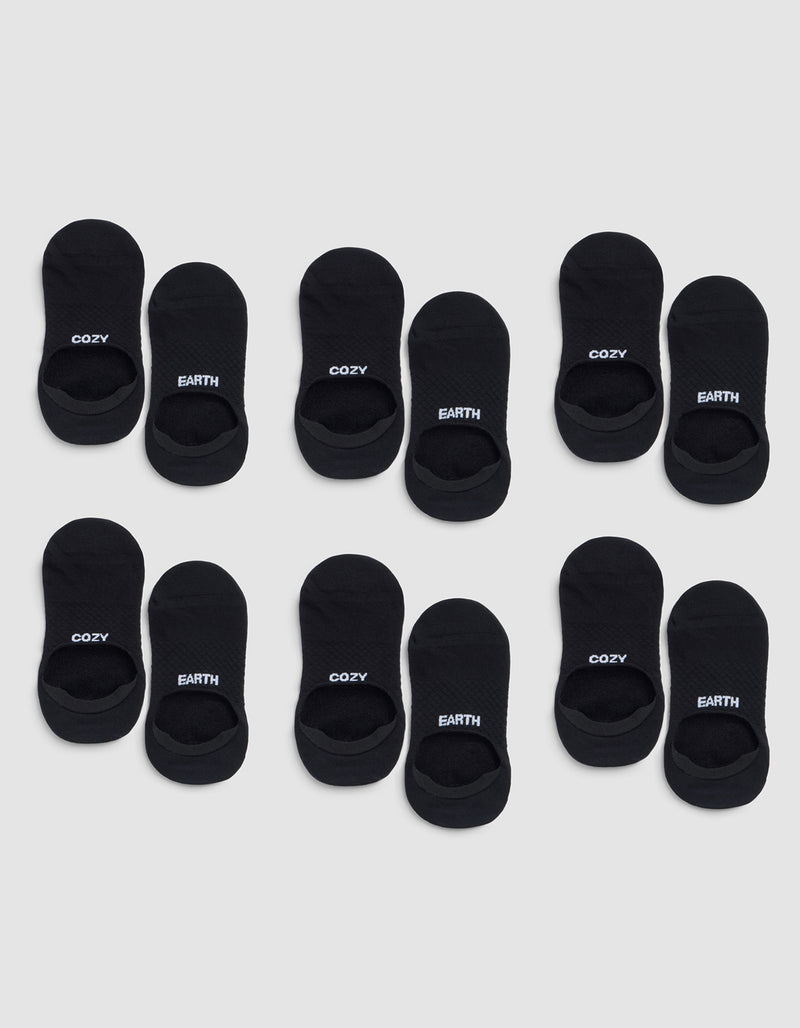 Six pairs of black Essential No-Show Socks by Cozy Earth are arranged in four rows on a light gray background, each labeled "COZY" or "EARTH" near the opening.