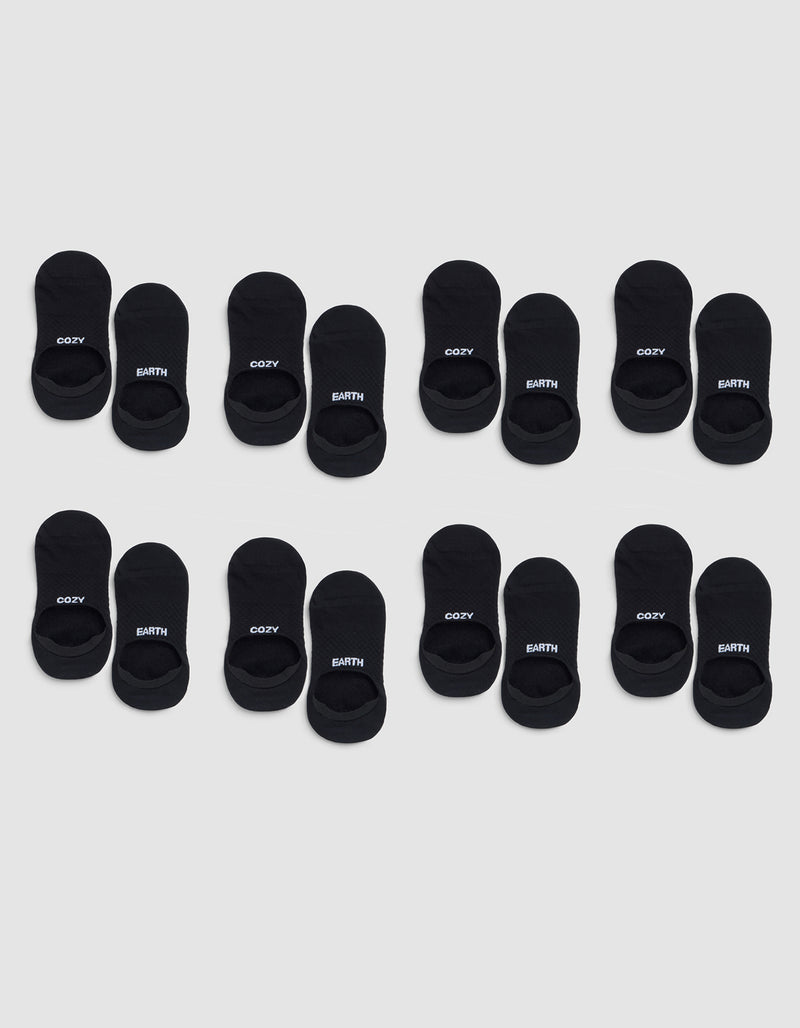 Eight pairs of Cozy Earth Essential No-Show Socks are arranged in three rows on a light gray background, with "COZY" and "EARTH" printed in white letters on the black socks.