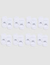 Eight pairs of white Essential No-Show Socks by Cozy Earth are arranged in three rows on a light gray background; each pair is labeled “COZY” on one sock and “EARTH” on the other. |Color:White