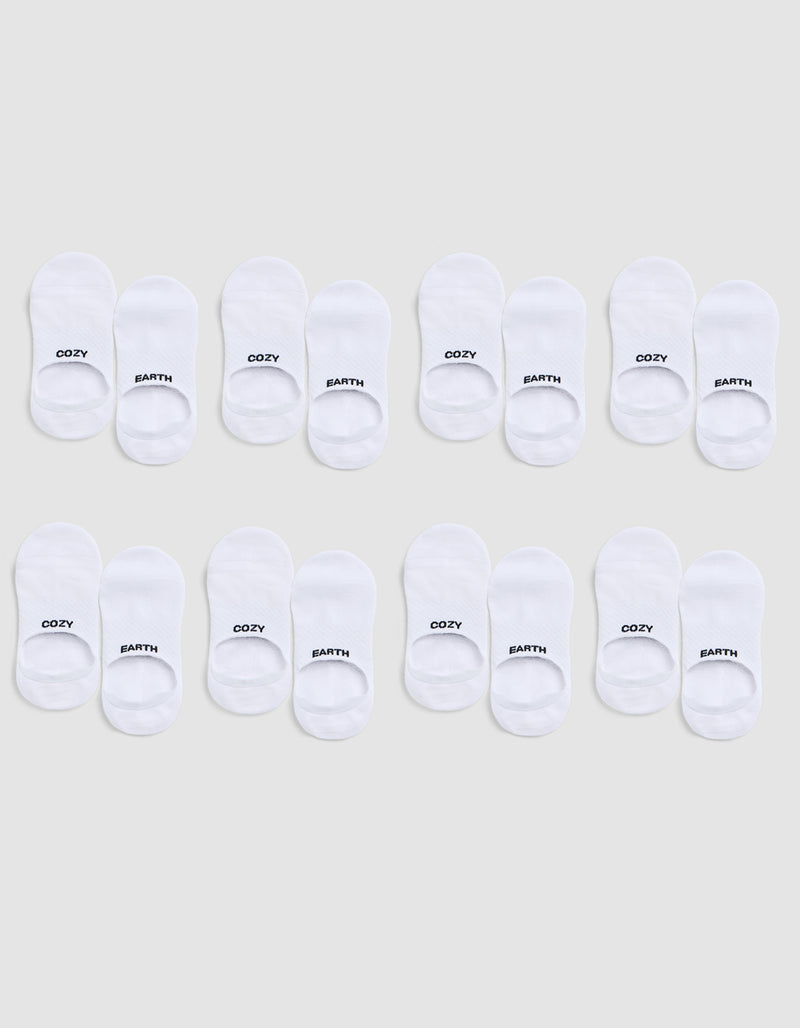 Eight pairs of white Essential No-Show Socks by Cozy Earth are arranged in three rows on a light gray background; each pair is labeled “COZY” on one sock and “EARTH” on the other.