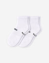 The Cozy Earth Men's Essential Quarter Sock features white ribbed cuffs and a discreet black text design on the sides, displayed against a plain light background.|Color:White