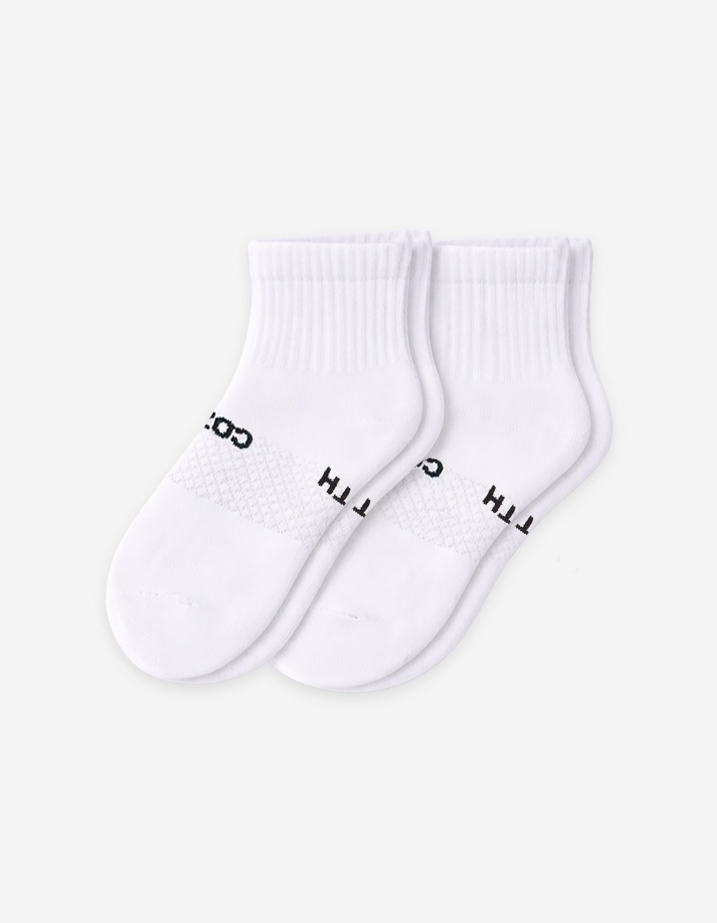 The Cozy Earth Men's Essential Quarter Sock features white ribbed cuffs and a discreet black text design on the sides, displayed against a plain light background.