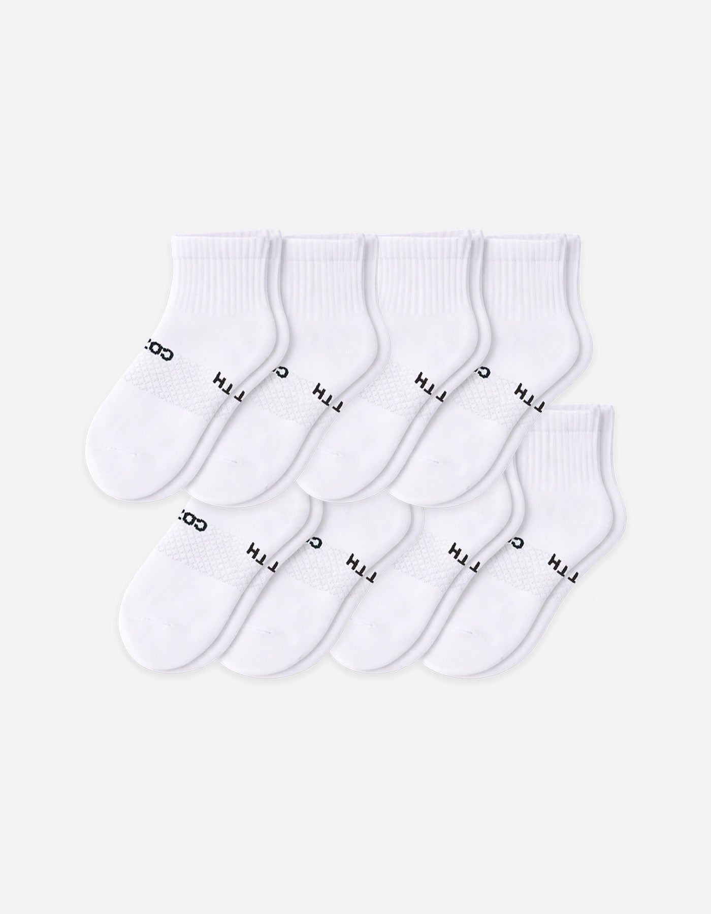 The Cozy Earth Men's Essential Quarter Sock 8-Pack features eight pairs of white socks with ribbed cuffs, neatly arranged in overlapping rows. Some have black text near the toe area, all displayed on a plain light background.