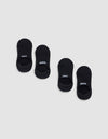 Two pairs of black Essential No-Show Socks by Cozy Earth are displayed on a light gray background. One pair features "COZY" in white lettering, and the other pair displays "EARTH" in white. |Color:Black