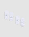 Two pairs of Cozy Earth Essential No-Show Socks are displayed on a light gray background. Each pair features "COZY" on one sock and "EARTH" on the other, both printed in black near the toes. |Color:White