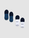 Four pairs of Cozy Earth Essential Ankle Socks are displayed on a gray background: two blue pairs and two white-and-blue pairs, each featuring "COZY" and "EARTH" prints. |Color:Eclipse