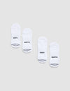 Two pairs of Cozy Earth Essential Ankle Socks are displayed side by side on a light gray background, each featuring black text near the toes—one in each pair reads "COZY" and the other reads "EARTH. |Color:White