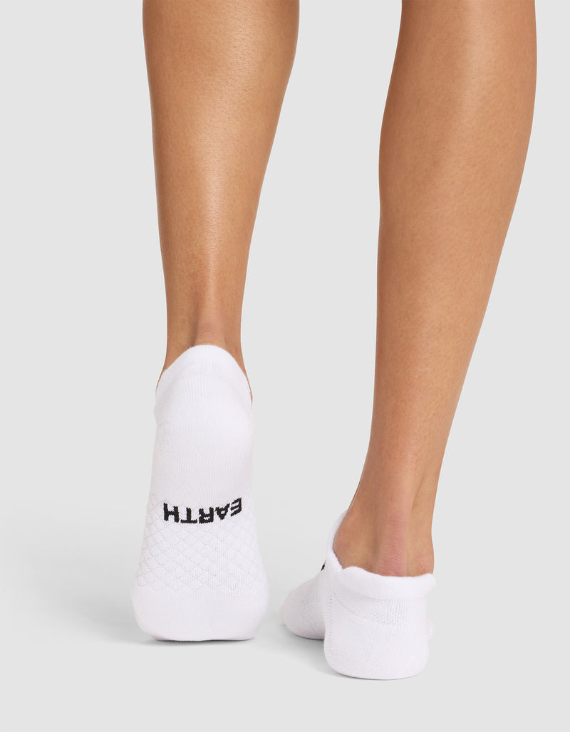 A person stands on a light surface wearing Cozy Earth Essential Ankle Socks. The left sock features "EARTH" in black near the heel. The background is plain, light gray.