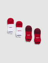 Four Cozy Earth Essential Ankle Socks are displayed side by side on a light gray background: two are red and white with "COZY," and two are red and maroon with "COZY" and "EARTH" written on them.|Color:Crimson