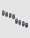 Eight pairs of Cozy Earth Essential No-Show Socks are displayed diagonally on a light gray background, neatly aligned in alternating pairs with black text near the toe.|Color:Stone