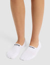 A person wearing Cozy Earth Essential No-Show Socks with "COZY" and "EARTH" in black on top stands on a light-colored surface. |Color:White