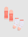 Two pairs of Cozy Earth Essential Quarter Socks: one solid coral with "COZY" and "EARTH" on each sock, and one white pair with coral accents and the same text near the toes, laid flat on a light gray background. |Color:Cantaloupe