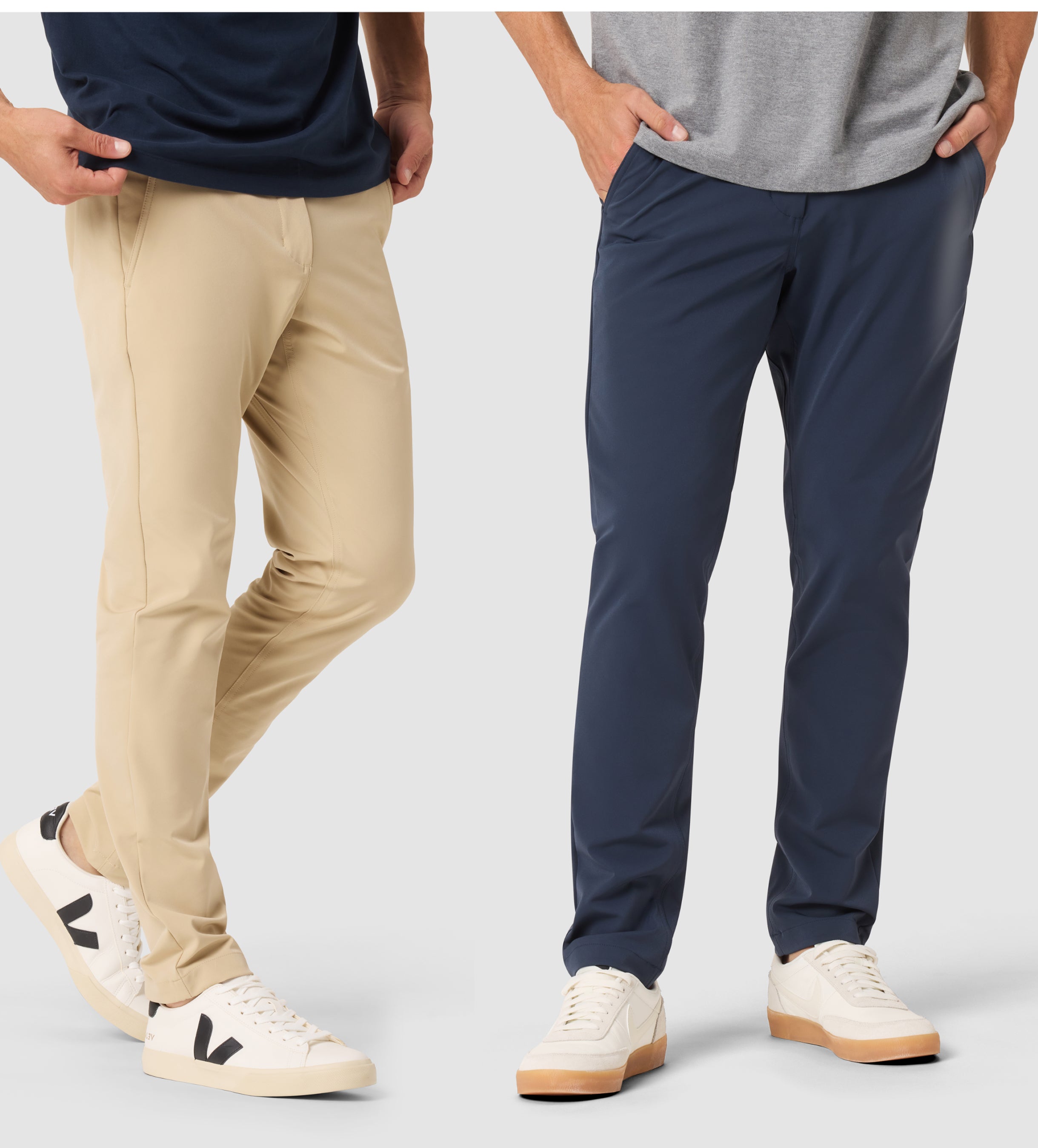 Two pairs of pants, one beige and one navy, worn by models on a white background.