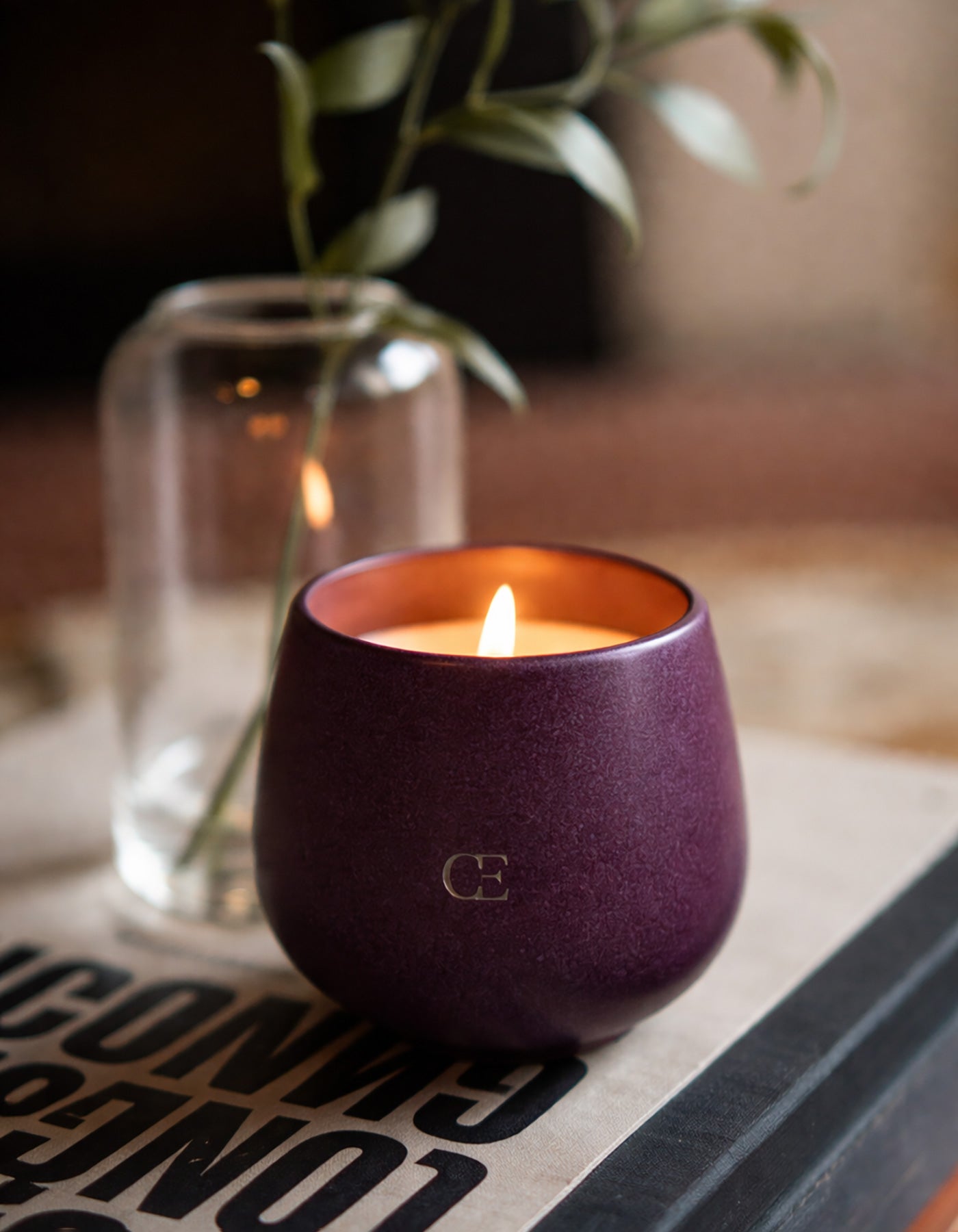 A lit Cozy Earth Candle EVOKE in a deep purple holder marked "CE" sits on a book beside a small glass vase with a leafy branch, against a softly blurred background.