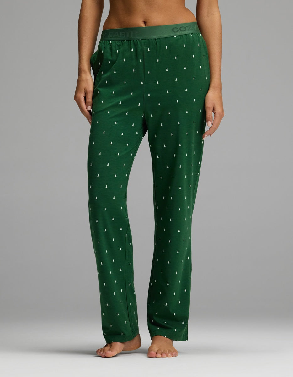 Cozy Earth Women’s First Layer Pajama Pant in green with a repeating white tree pattern and an elastic waistband.