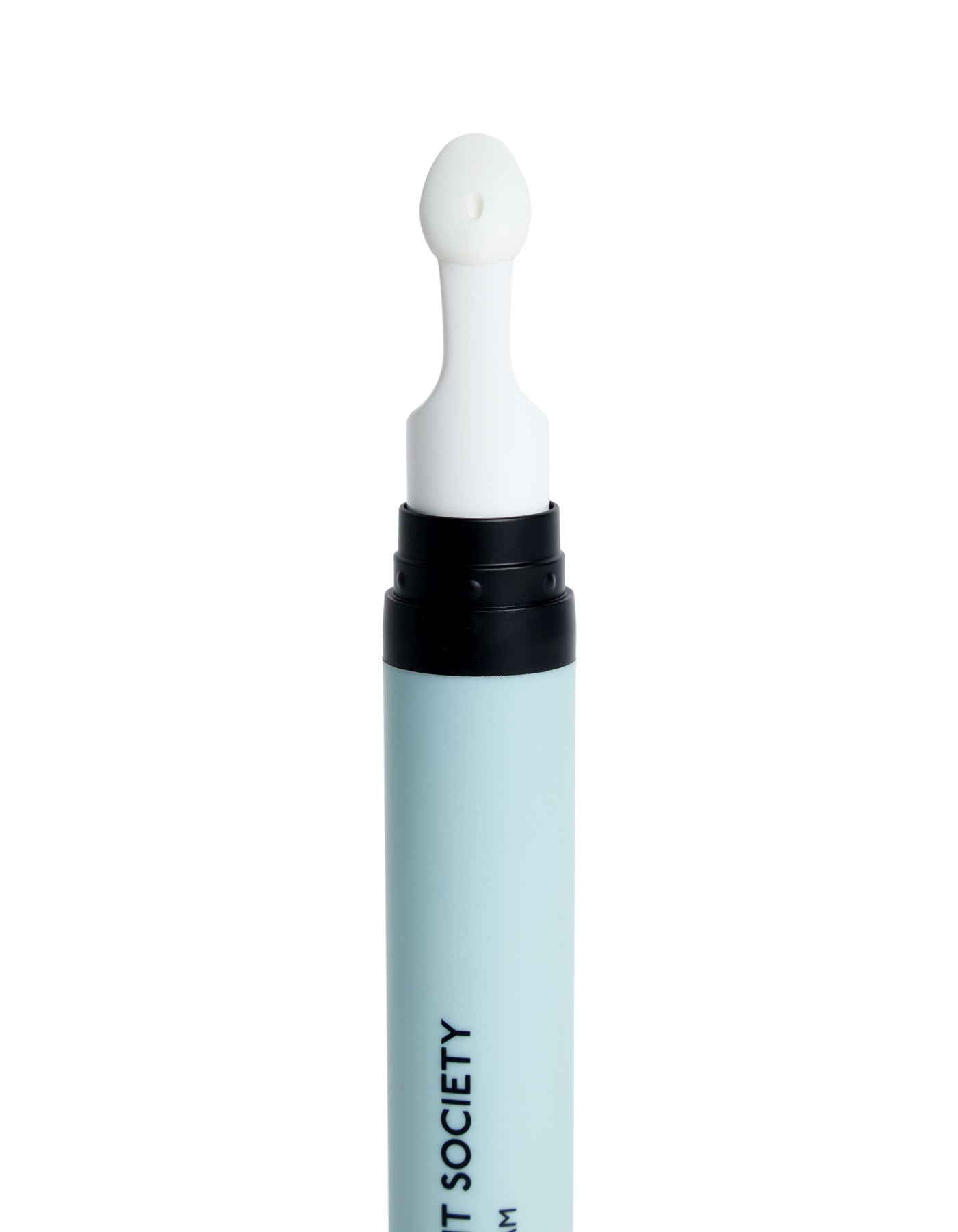 A light blue tube of Cozy Earth's Eye Cream features a black twist top and a white, rounded applicator attached at the top. Partial black text runs along the side of the tube.