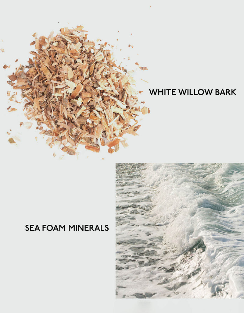 The product image for Cozy Earth's Gel Cleanser features three distinct elements: "White Willow Bark," depicted as a pile of shredded bark; "Sea Foam Minerals," represented by a frothy ocean wave