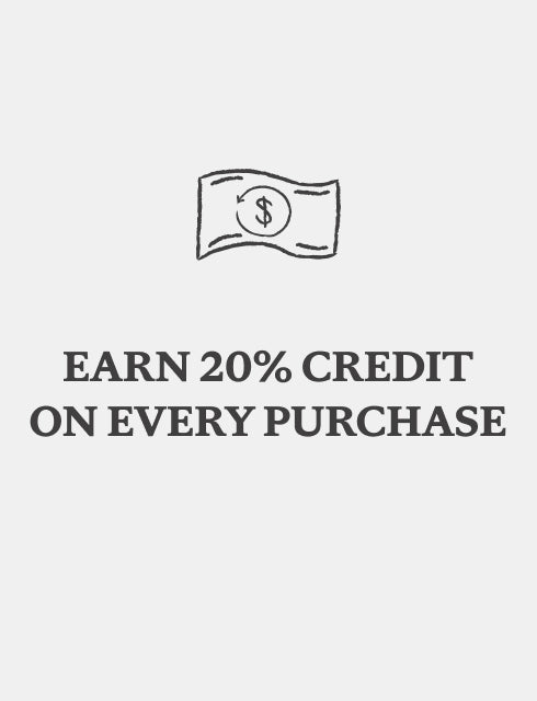 Image with a sketched icon of a dollar bill above the text "EARN 20% CREDIT ON EVERY PURCHASE" on a gray background, promoting the Cozy Earth Membership by Inveterate.