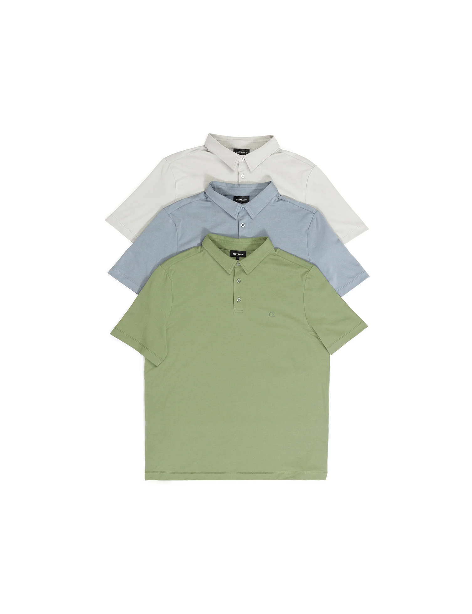 Three polo shirts stacked vertically: the top one is white, the middle one is light blue, and the bottom one is light green. Each shirt has a collar, short sleeves, and a button-up neck.