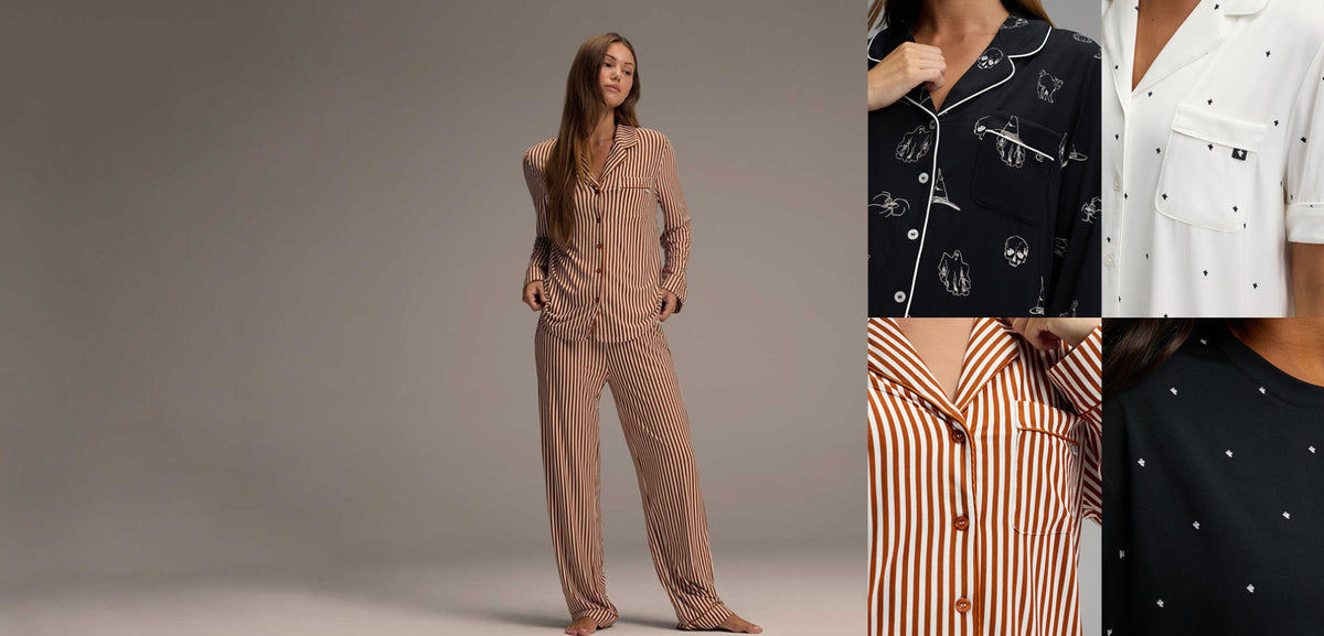 A collage showing women's pajama sets: a model wears a taupe two-piece set on the left, while the right side shows close-up panels of other pajama styles including a black skull-print top, a white polka-dot shirt, and a red-and-white striped top.