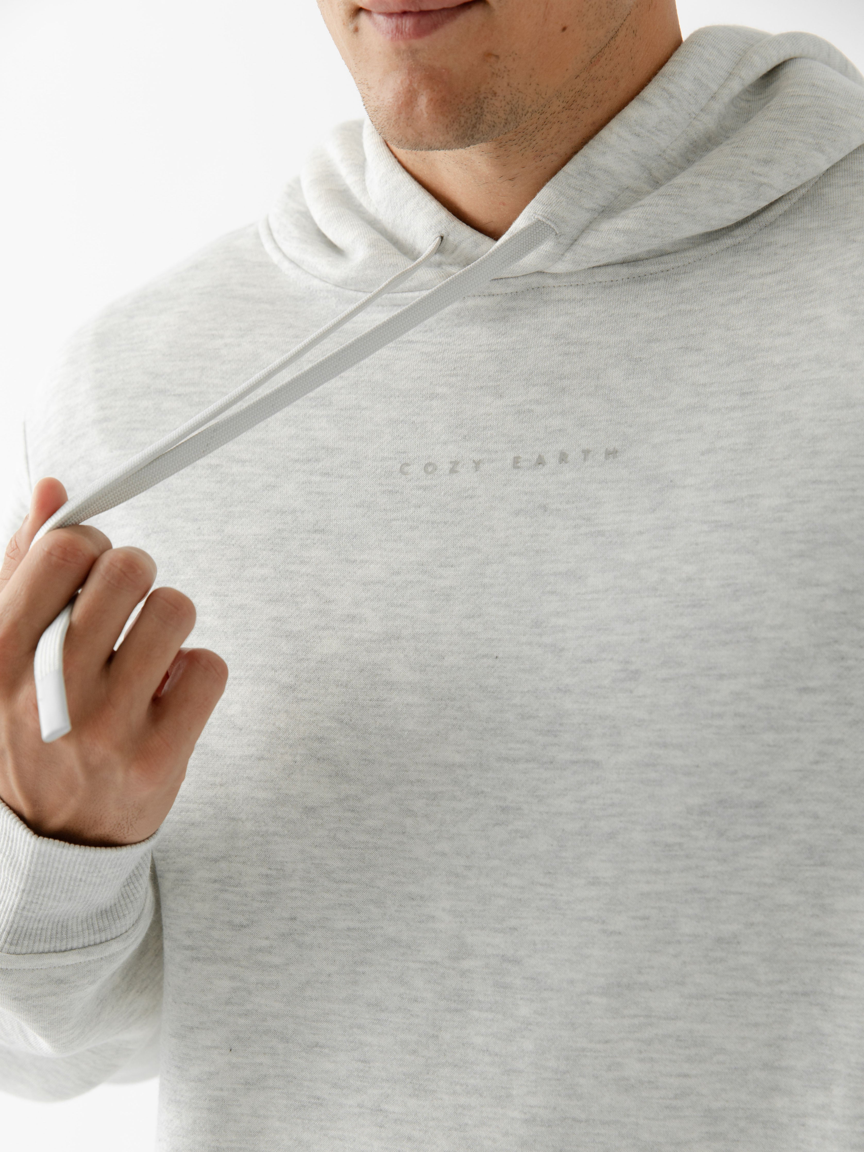 Close up of man wearing heather grey cityscape hoodie |Color:Heather Grey